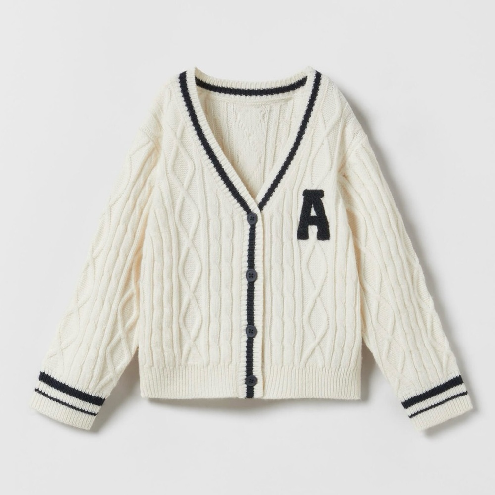 Zara Kids Cream Knit Varsity Cardigan Sweater size 2-3